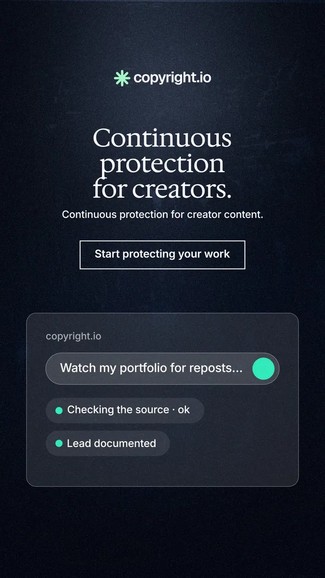 Instagram story for copyright.io: "Continuous protection for creators." Dark deco style, centred layout, dark palette in black, blue, grey.