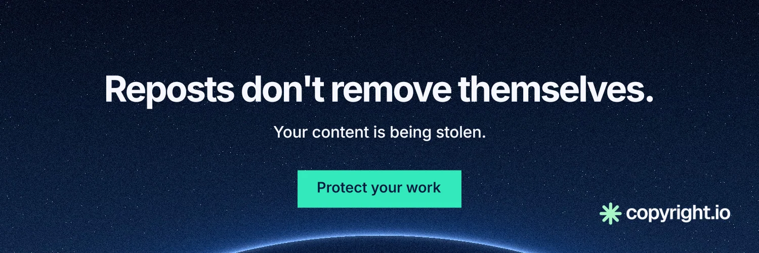 X header for copyright.io: "Reposts don't remove themselves." Swiss style, centred layout, dark palette in blue, black.