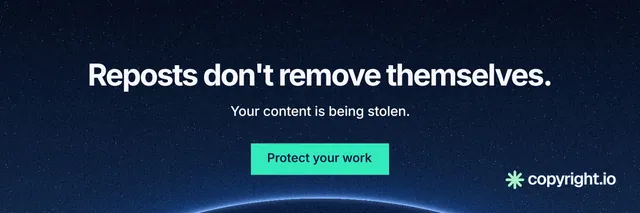 X header for copyright.io: "Reposts don't remove themselves." Swiss style, centred layout, dark palette in blue, black.