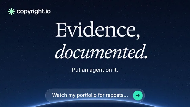 Landscape graphic for copyright.io: "Evidence, documented." Agentic glass style, centred layout, dark palette in blue, black.