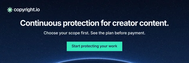X header for copyright.io: "Continuous protection for creator content." Swiss style, centred layout, dark palette in blue, black.