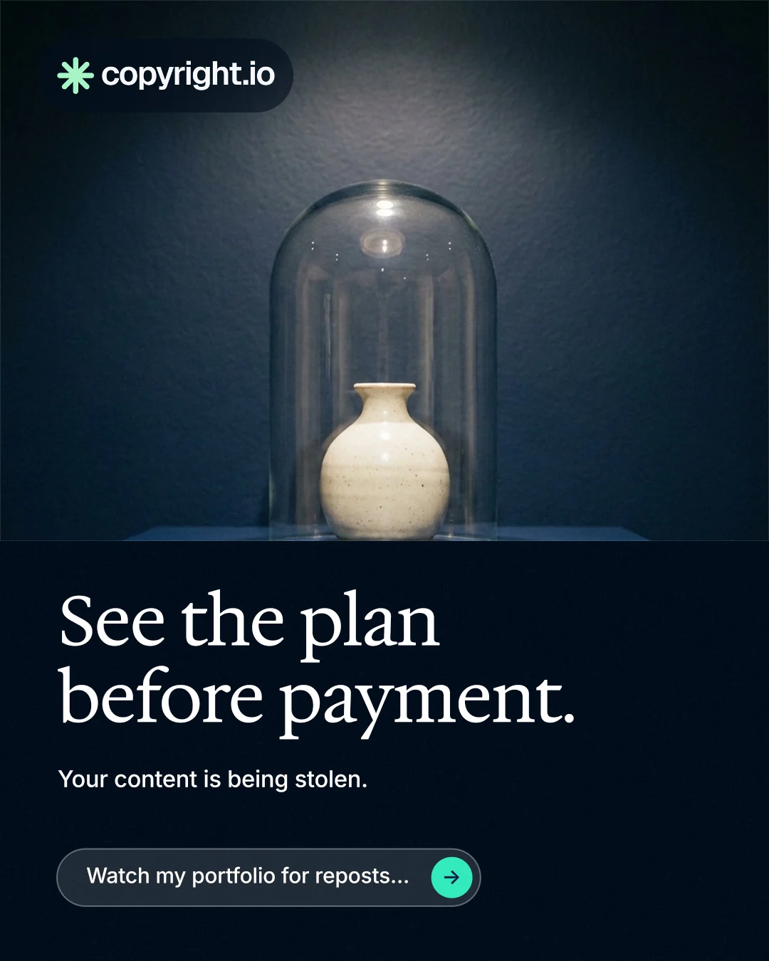 Instagram portrait post for copyright.io: "See the plan before payment." Agentic glass style, bottom layout, dark palette in blue, black, grey.