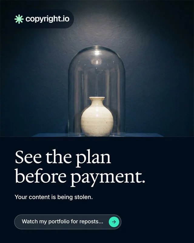 Instagram portrait post for copyright.io: "See the plan before payment." Agentic glass style, bottom layout, dark palette in blue, black, grey.