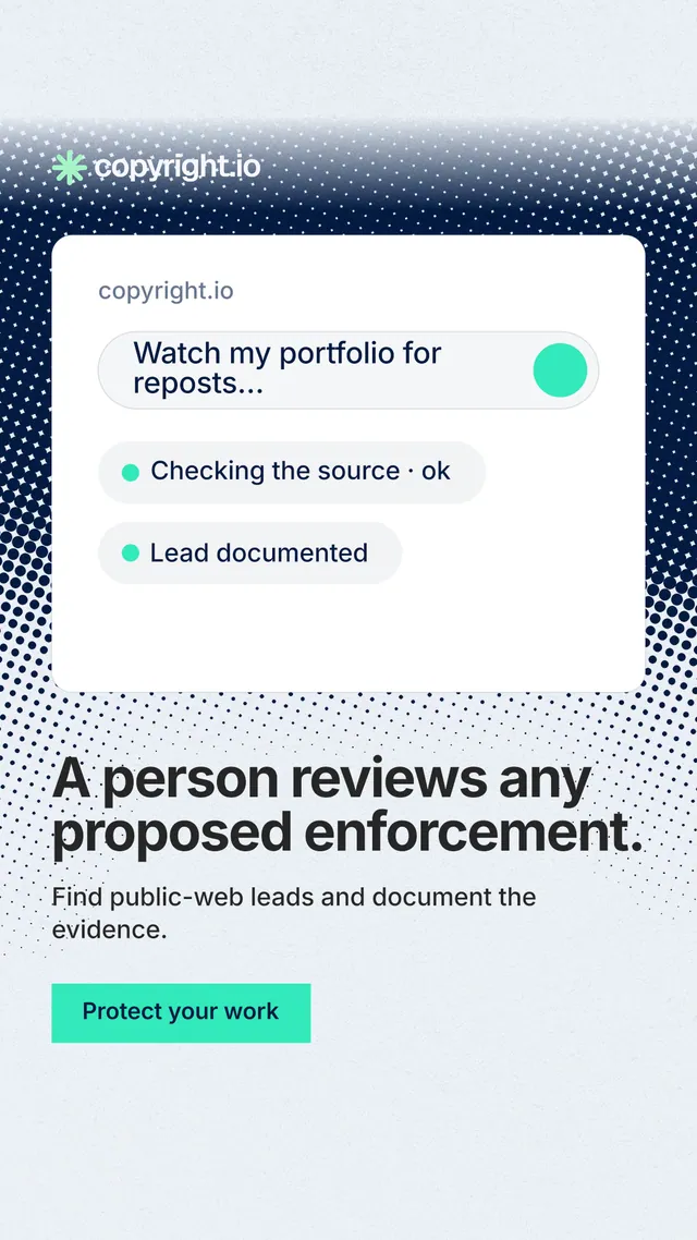 Instagram story for copyright.io: "A person reviews any proposed enforcement." Swiss style, bottom layout, light palette in white, teal, grey.