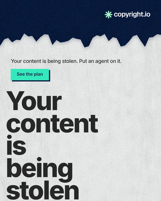 Instagram portrait post for copyright.io: "Your content is being stolen." Paper trio style, oversized layout, light palette in blue, white, grey.