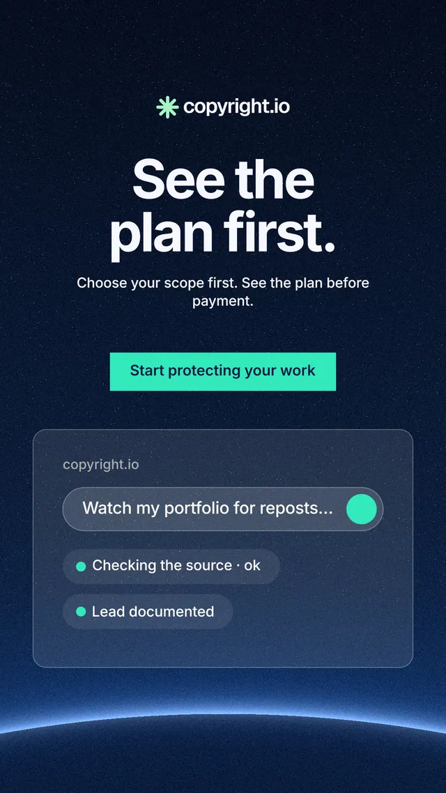 Instagram story for copyright.io: "See the plan first." Swiss style, centred layout, dark palette in blue, black.
