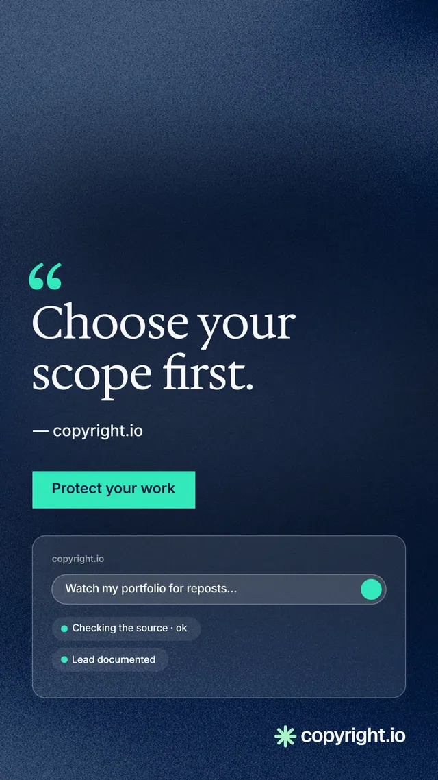 Instagram story for copyright.io: "Choose your scope first." Swiss style, quote layout, dark palette in blue.