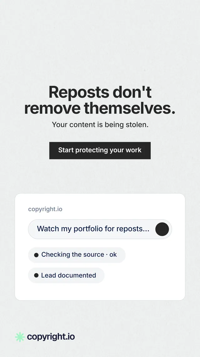 Instagram story for copyright.io: "Reposts don't remove themselves." Swiss style, centred layout, light palette in white, grey.