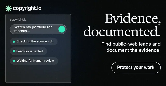 Social ad for copyright.io: "Evidence, documented." Phosphor atlas style, right layout, dark palette in black, grey.