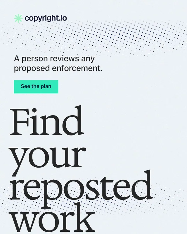 Instagram portrait post for copyright.io: "Find your reposted work." Swiss style, oversized layout, light palette in white, grey.