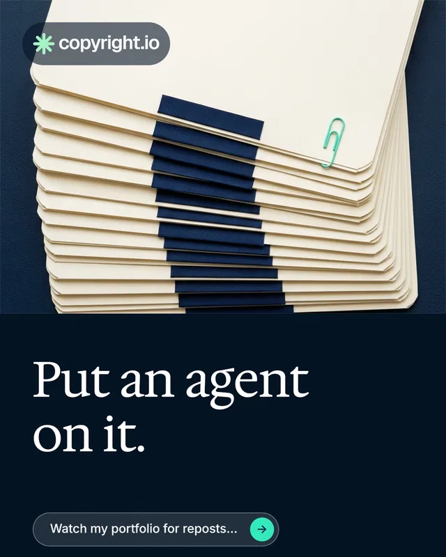 Instagram portrait post for copyright.io: "Put an agent on it." Agentic glass style, bottom layout, dark palette in black, yellow, blue.