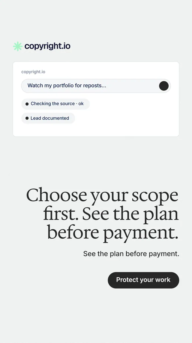 Instagram story for copyright.io: "Choose your scope first. See the plan before payment." Data card style, right layout, light palette in white.