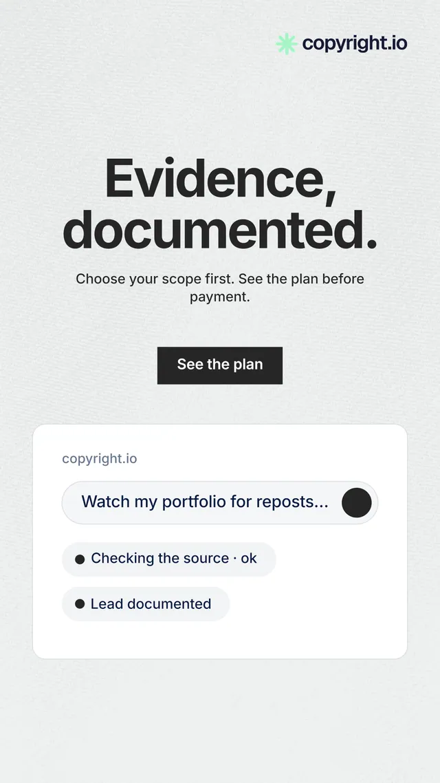 Instagram story for copyright.io: "Evidence, documented." Swiss style, centred layout, light palette in white, grey.