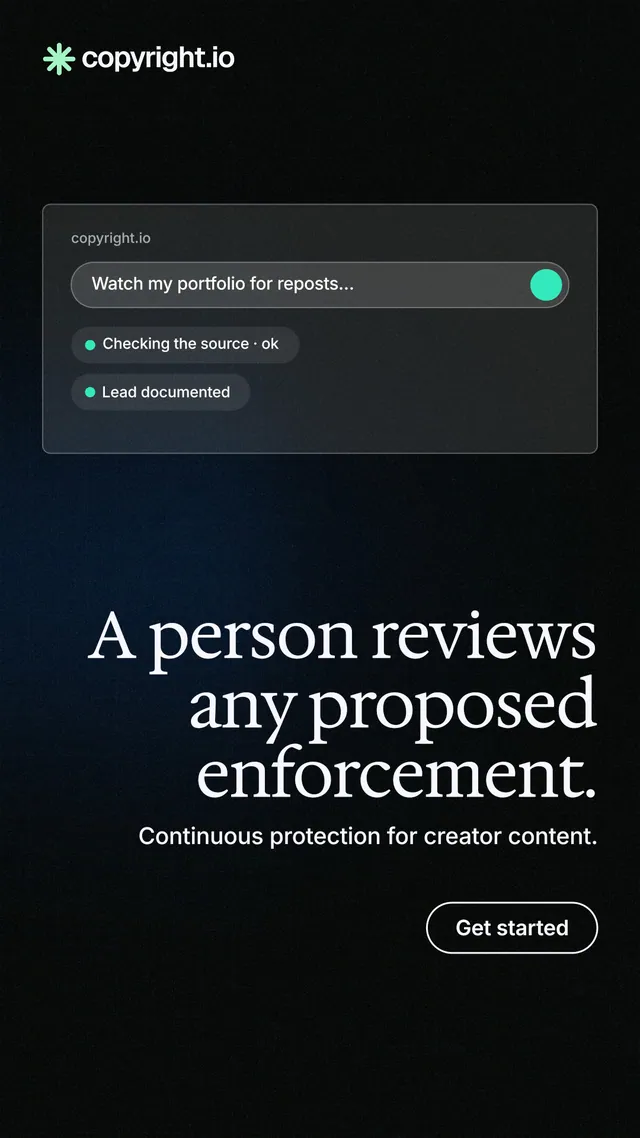 Instagram story for copyright.io: "A person reviews any proposed enforcement." Phosphor atlas style, right layout, dark palette in black, grey.