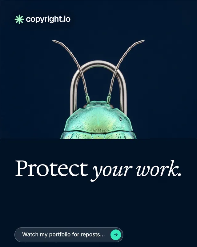 Instagram portrait post for copyright.io: "Protect your work." Agentic glass style, bottom layout, dark palette in black, blue.