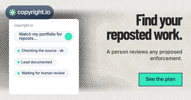 Social ad for copyright.io: "Find your reposted work." Ink sticker style, right layout, light palette in green, white, grey.