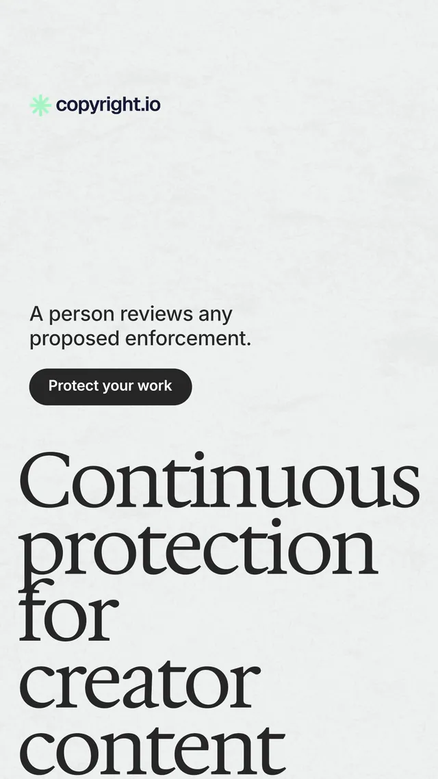 Instagram story for copyright.io: "Continuous protection for creator content." Data card style, oversized layout, light palette in white, grey.