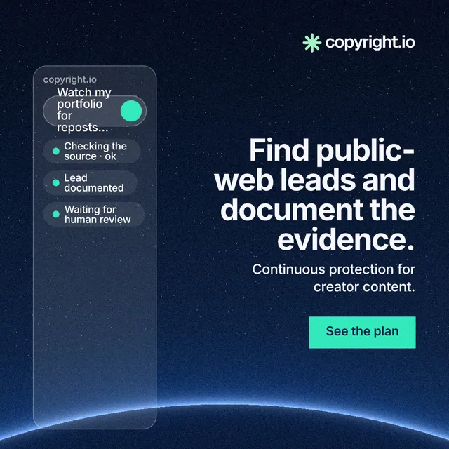 Instagram post for copyright.io: "Find public-web leads and document the evidence." Swiss style, right layout, dark palette in blue, black.