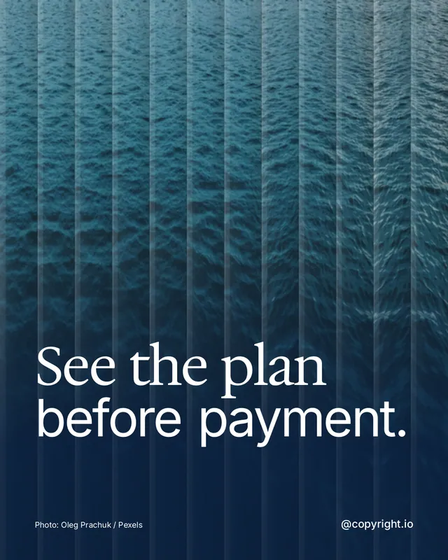 Instagram portrait post for copyright.io: "See the plan before payment." Photo style, technique:fluted glass layout, dark palette in blue.
