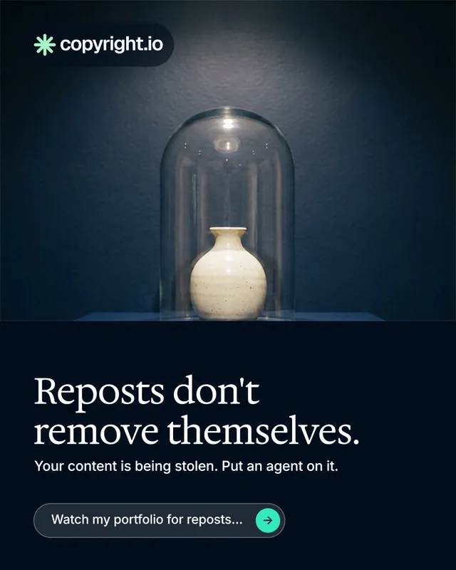 Instagram portrait post for copyright.io: "Reposts don't remove themselves." Agentic glass style, bottom layout, dark palette in blue, black, grey.