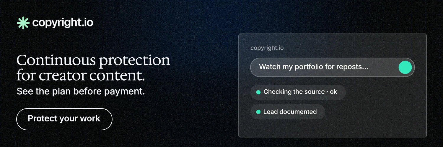 X header for copyright.io: "Continuous protection for creator content." Phosphor atlas style, bottom layout, dark palette in black, grey.