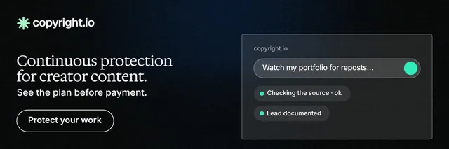 X header for copyright.io: "Continuous protection for creator content." Phosphor atlas style, bottom layout, dark palette in black, grey.