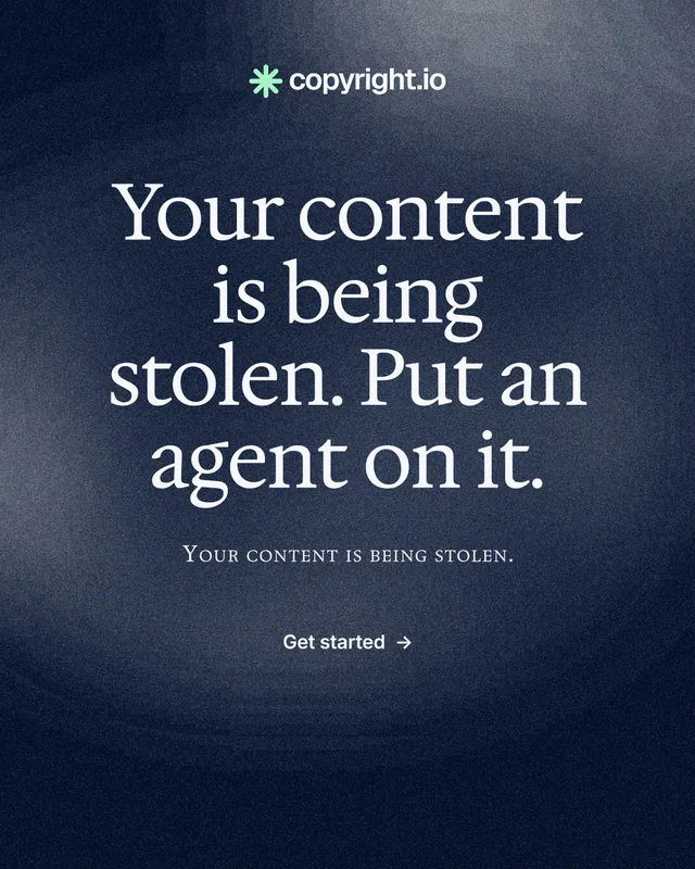 Instagram portrait post for copyright.io: "Your content is being stolen. Put an agent on it." Cyanotype style, smallcaps layout, dark palette in black, blue, grey.