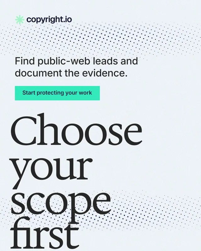 Instagram portrait post for copyright.io: "Choose your scope first." Swiss style, oversized layout, light palette in white, teal, grey.