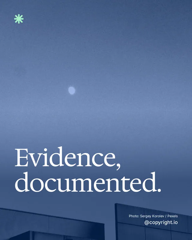 Instagram portrait post for copyright.io: "Evidence, documented." Duotone style, technique:pexels ingredient layout, dark palette in blue.