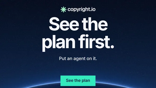 Landscape graphic for copyright.io: "See the plan first." Swiss style, centred layout, dark palette in blue, black, teal.
