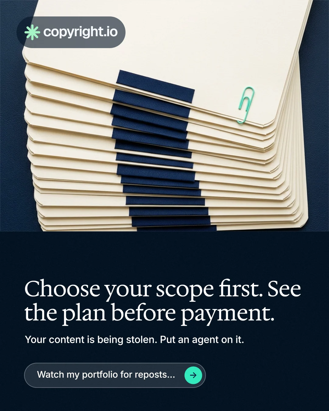 Instagram portrait post for copyright.io: "Choose your scope first. See the plan before payment." Agentic glass style, bottom layout, dark palette in yellow, black, blue.