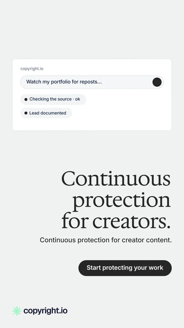 Instagram story for copyright.io: "Continuous protection for creators." Data card style, right layout, light palette in white.