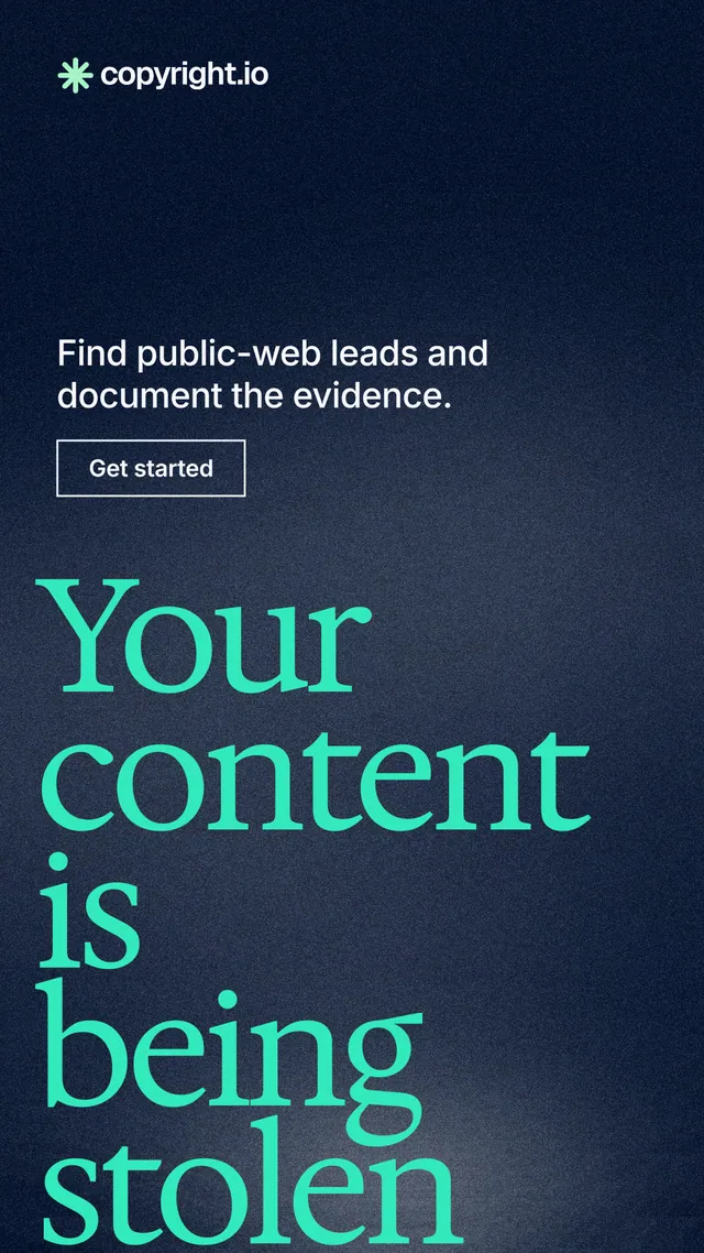 Instagram story for copyright.io: "Your content is being stolen." Cyanotype style, oversized layout, dark palette in blue, black, teal.