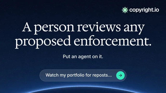 Landscape graphic for copyright.io: "A person reviews any proposed enforcement." Agentic glass style, centred layout, dark palette in black, blue, grey.