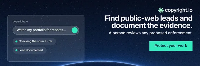 X header for copyright.io: "Find public-web leads and document the evidence." Swiss style, right layout, dark palette in black, blue, teal.