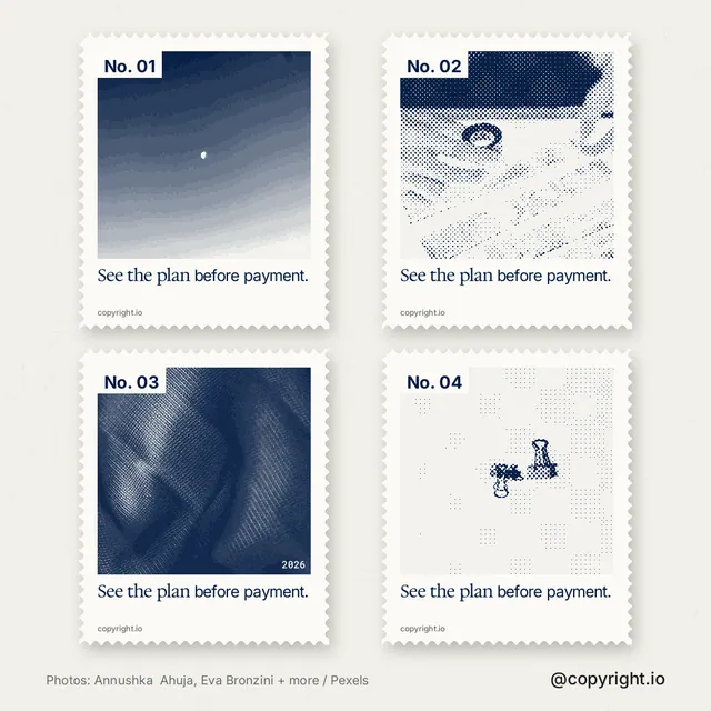 Instagram post for copyright.io: "See the plan before payment." Sheet style, technique:stamp series layout, light palette in white, grey.