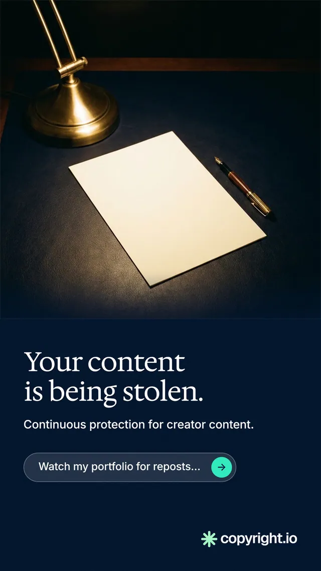 Instagram story for copyright.io: "Your content is being stolen." Agentic glass style, bottom layout, dark palette in black, grey.