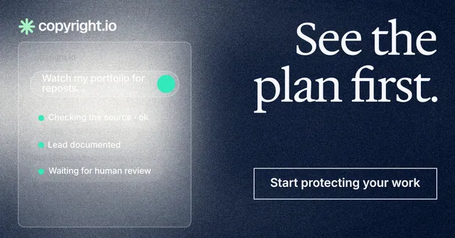 Social ad for copyright.io: "See the plan first." Cyanotype style, right layout, dark palette in blue, grey, white.