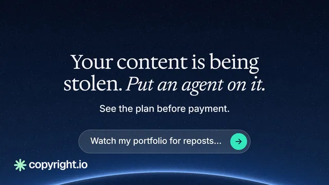 Landscape graphic for copyright.io: "Your content is being stolen. Put an agent on it." Agentic glass style, centred layout, dark palette in blue, black.