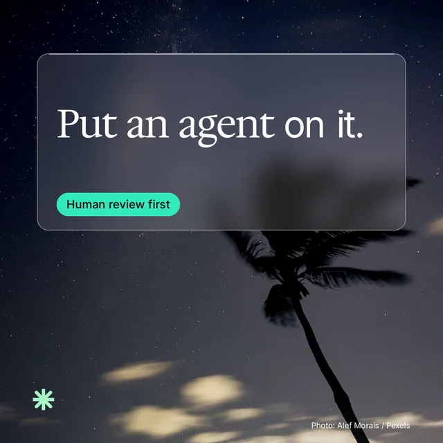 Instagram post for copyright.io: "Put an agent on it." Glass style, technique:pexels ingredient layout, dark palette in black, grey.