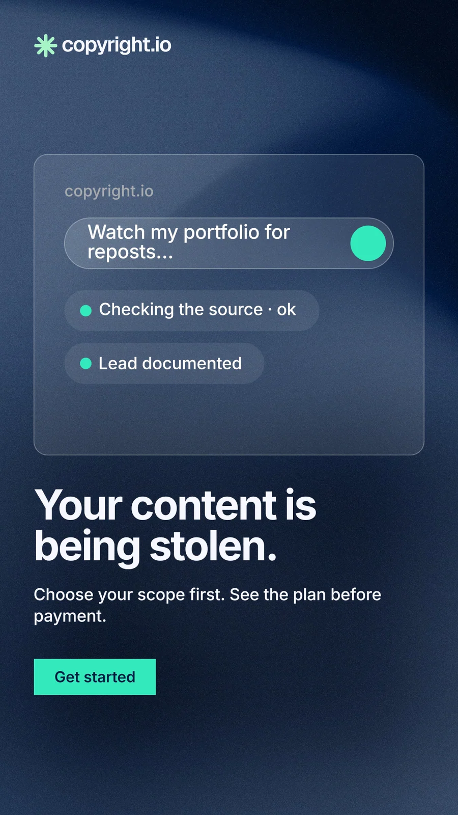 Instagram story for copyright.io: "Your content is being stolen." Swiss style, bottom layout, dark palette in blue.