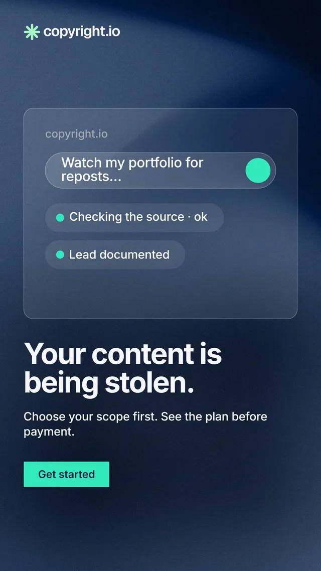 Instagram story for copyright.io: "Your content is being stolen." Swiss style, bottom layout, dark palette in blue.