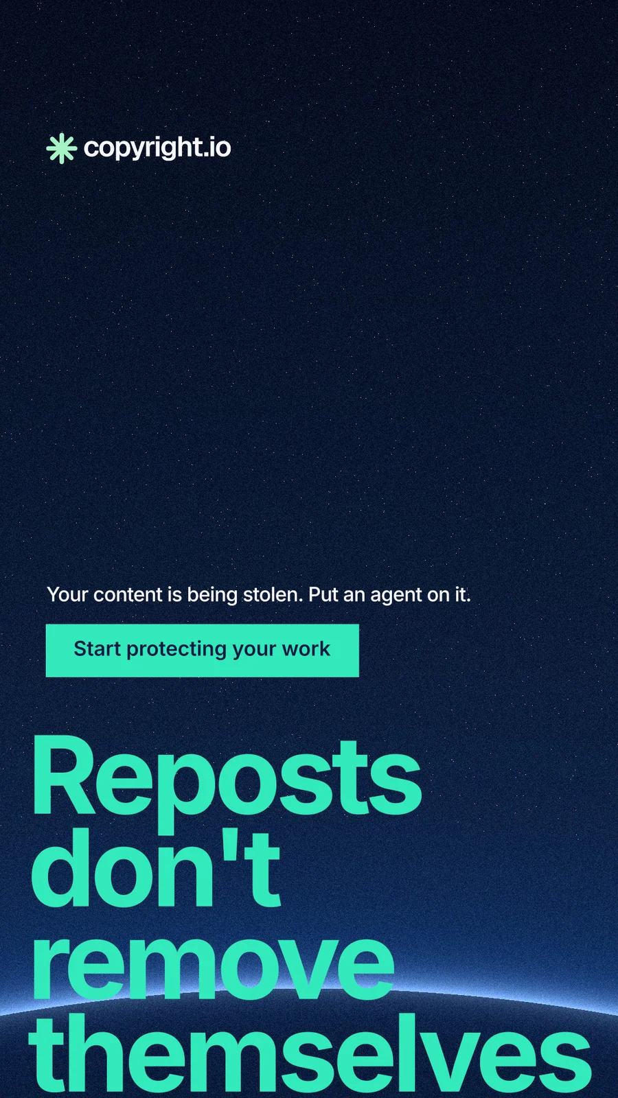 Instagram story for copyright.io: "Reposts don't remove themselves." Swiss style, oversized layout, dark palette in blue, black, teal.