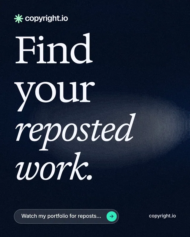 Instagram portrait post for copyright.io: "Find your reposted work." Thermal style, poster layout, dark palette in black, grey.