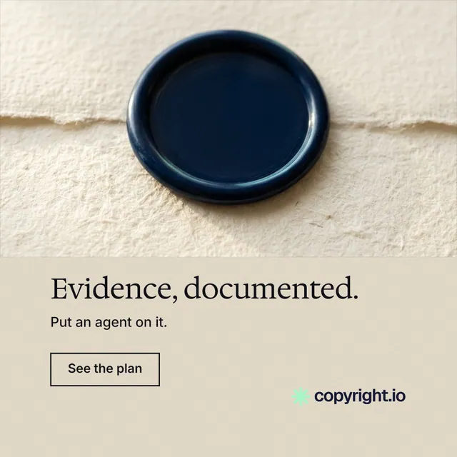 Instagram post for copyright.io: "Evidence, documented." Editorial style, bottom layout, light palette in orange, yellow, black.