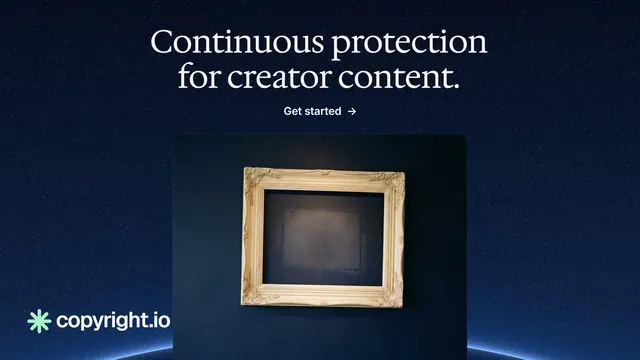 Landscape graphic for copyright.io: "Continuous protection for creator content." Agentic glass style, ogui layout, dark palette in black, blue, grey.