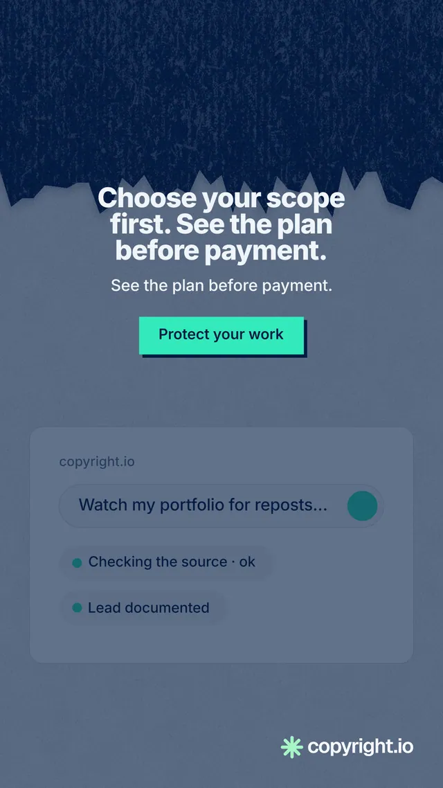 Instagram story for copyright.io: "Choose your scope first. See the plan before payment." Paper trio style, centred layout, dark palette in blue, grey.