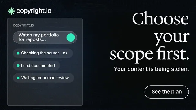 Landscape graphic for copyright.io: "Choose your scope first." Phosphor atlas style, right layout, dark palette in black, blue, grey.