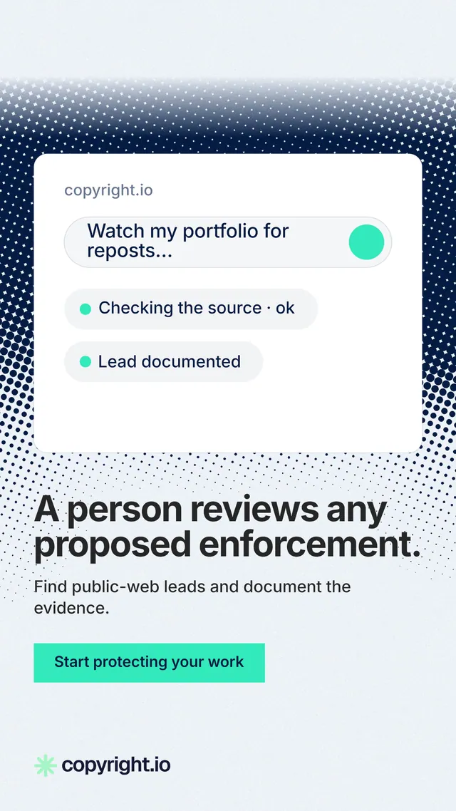Instagram story for copyright.io: "A person reviews any proposed enforcement." Swiss style, bottom layout, light palette in white, teal, grey.