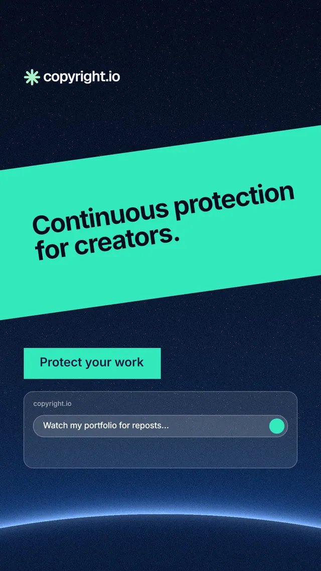 Instagram story for copyright.io: "Continuous protection for creators." Swiss style, diagonal layout, dark palette in blue, black, teal.